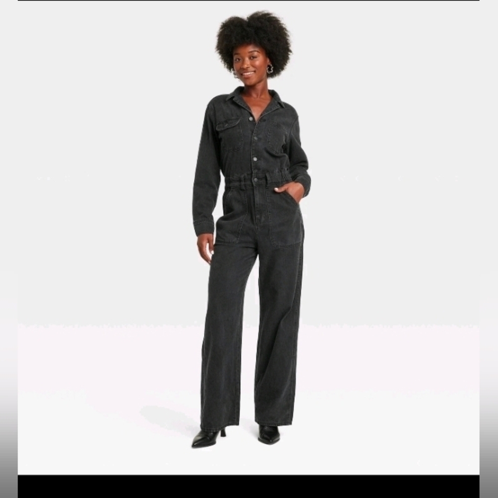 Universal Thread Women's Long Sleeve Utility Baggy Denim Jumpsuit Black Pocke